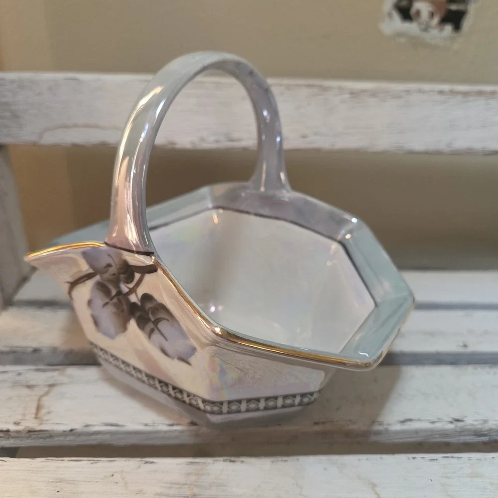 Vintage Lusterware Porcelain Basket with Hand-painted Floal Motif Japan Art Deco